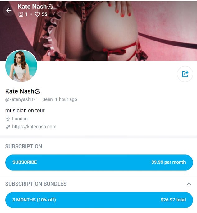 While the link to her site reveals another raunchy photo of her bum in another pink thong and sexy suspenders, with her bio reading: 'musician on tour'