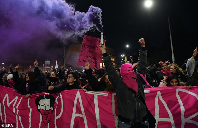 People take part in a protest against patriarchal violence, organized by the feminist group Non Una Di Meno (Not One Less), ahead of the 'International Day for the Elimination of Violence against Women' in Rome, Italy, November 23, 2024