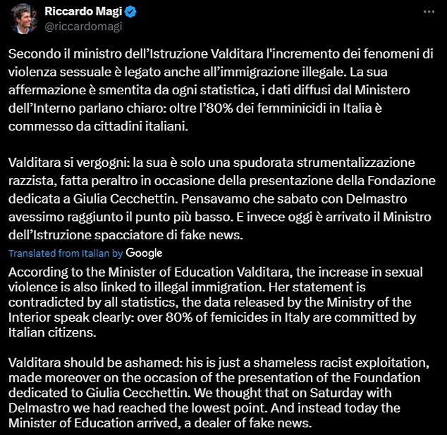 Riccardo Magi, leader of Italy's More Europe party, has rebuked Meloni's government for claiming the country is seeing an increase in sexual violence due to illegal immigration, while stating that the Interior Ministry's own figures suggested that the vast majority of rapes and femicides are committed by Italian citizens