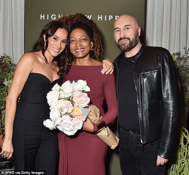 The Duchess of Sussex (pictured left), 43, supported her friend and A-lister hairstylist Kadi Lee (pictured centre) in Venice, California on November 14 at a glitzy launch event. Right in the photo: famous hairstylist Serge Normant