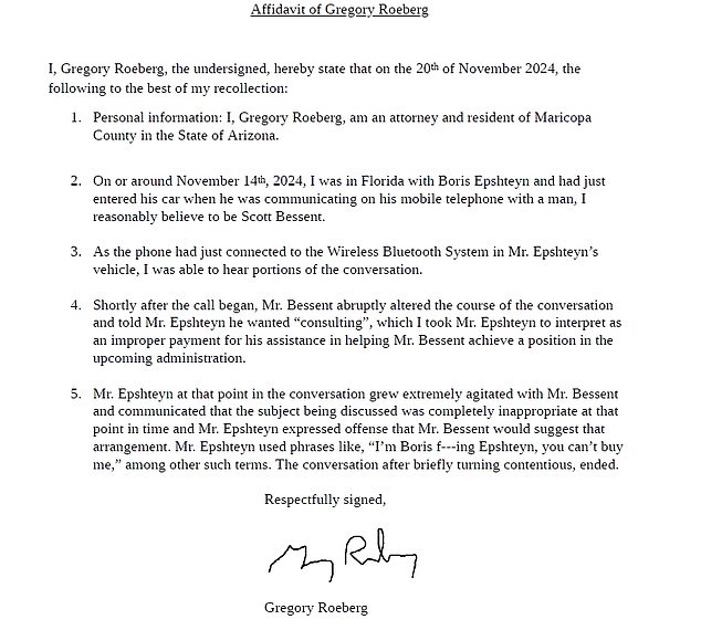 Attorney Gregory Roeburg signed an affidavit saying he heard Epshteyn conclude a conversation about his appointment as counsel