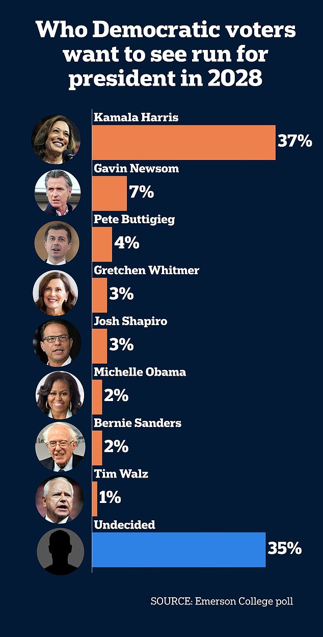 Among Democratic voters, 37 percent want to see another run for the White House from Vice President Kamala Harris — even after her declared defeat by Trump