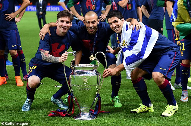 Mascherano (center) is best associated with his time at Barcelona, ​​where he won multiple Spanish league titles and cups, as well as the Champions League twice