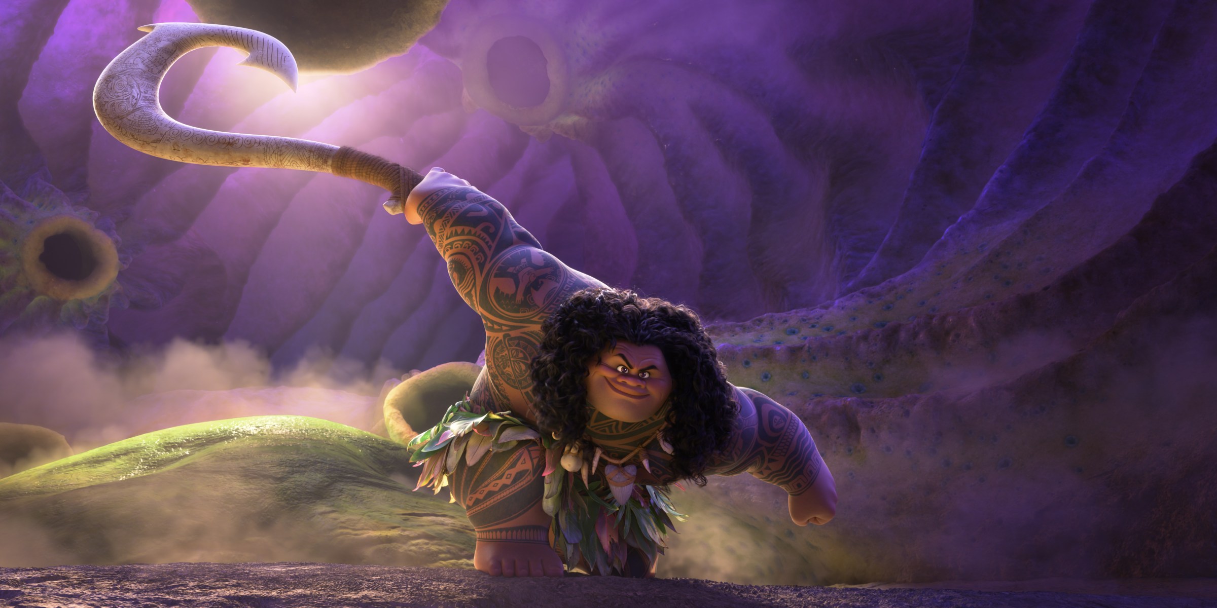 Maui drives a stake into the belly of a purple beast with his hook in Moana 2