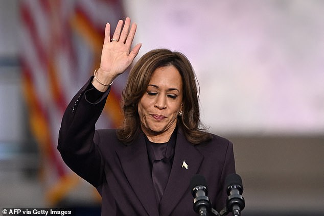 U.S. Vice President Democratic presidential candidate Kamala Harris waves to supporters at the end of her concession speech at Howard University in Washington, DC, on November 6, 2024