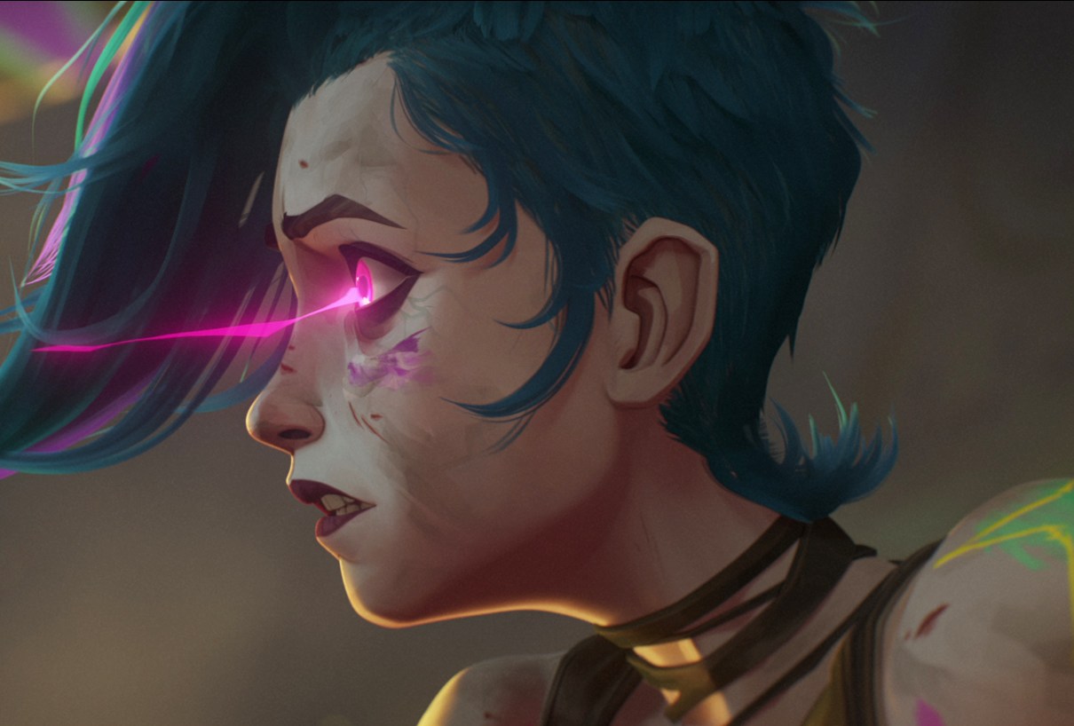 Jinx looks sad with pink streaks coming from her eyes in a still from Arcane season 2