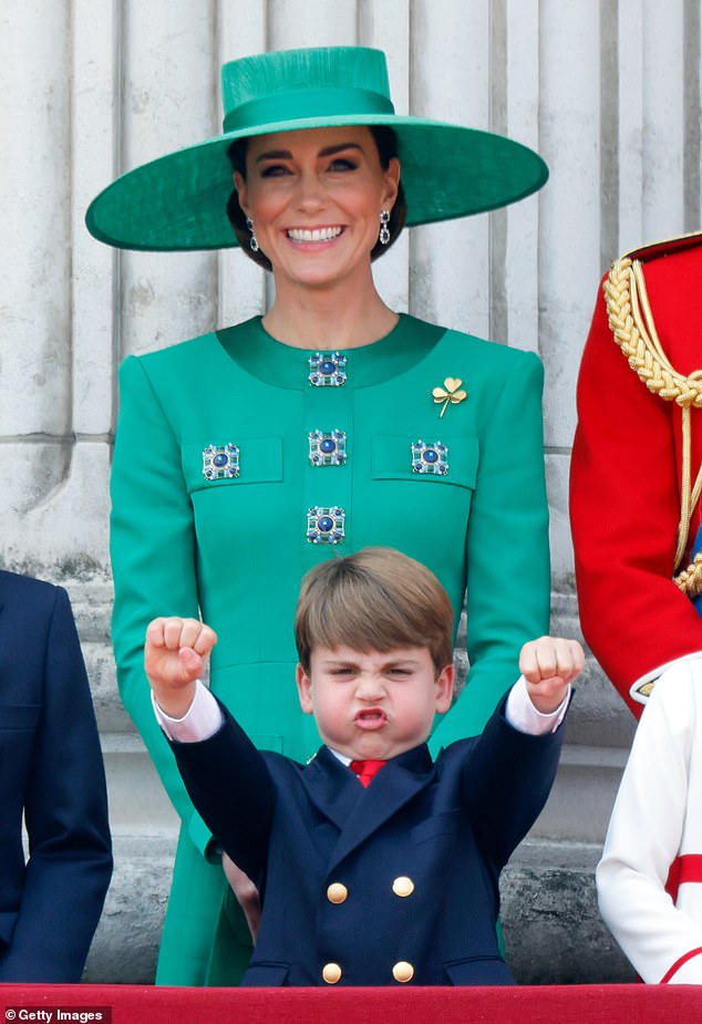 Prince Louis and his mother, the Princess of Wales, watch an RAF Flypast from the balcony of Buckingham Palace during Trooping the Color in 2023