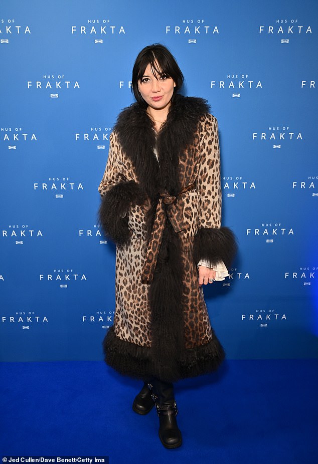 Meanwhile, model Daisy, 35, looked stunning as she graced the carpet in an ankle-length leopard print coat with feather trim around the sleeves and hem