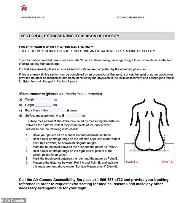 Airlines, such as Air Canada, require passengers requiring medical accommodation to submit paperwork and documentation from their doctors to make the request. To determine eligibility, a passenger must provide their height, weight, body mass index and more