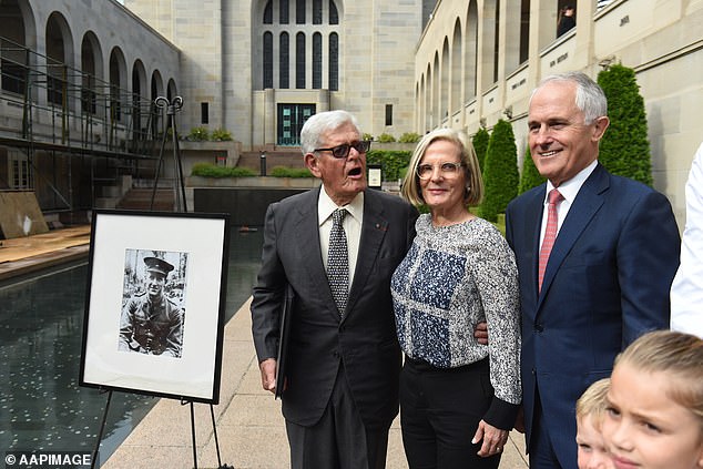 Tom Hughes died two days after his 101st birthday. He is pictured with his daughter Lucy Turnbull and son-in-law, and then Prime Minister Malcolm Turnbull at the Australian War Memorial in Canberra in 2016