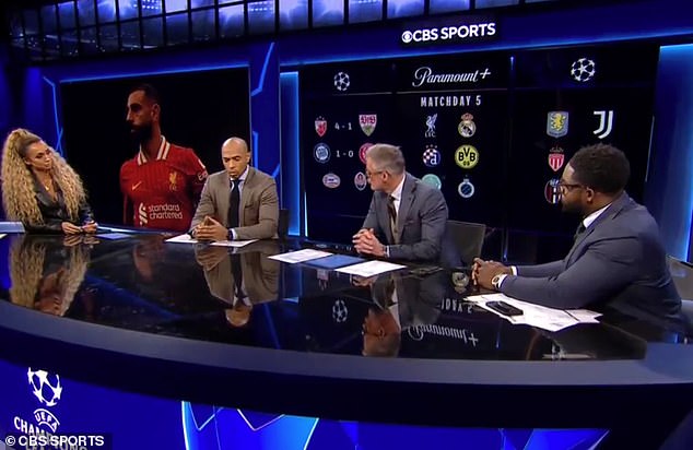 Henry was joined during CBS Sports' coverage of Wednesday's UEFA Champions League action by Kate Scott (left), Jamie Carragher (second right) and Micah Richards (right)