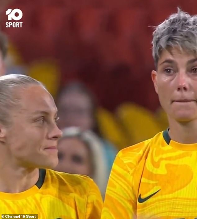 Her Matildas teammates cut emotional figures as they fought back tears as the stadium paid tribute to Australia's retiring captain