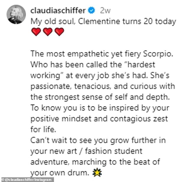 Earlier this month, Clementine celebrated her twentieth birthday, with her mother taking to Instagram to share a sweet tribute, with a series of photos, including of Claudia holding her as a baby.