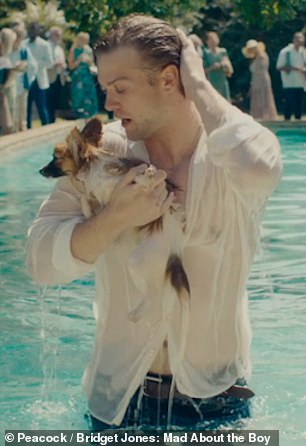 Leo's handsome character Roxster emerges from a pool after saving a dog