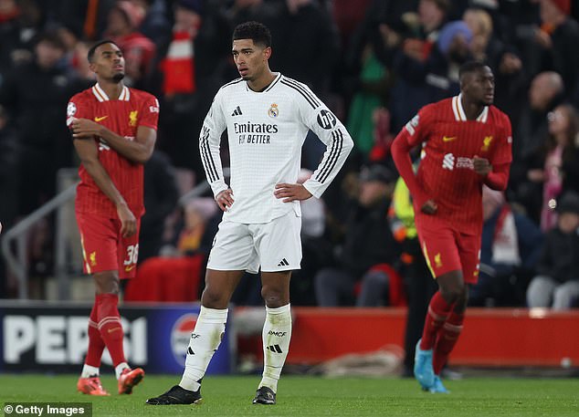 England star Jude Bellingham (centre) also had a frustrating evening against Liverpool