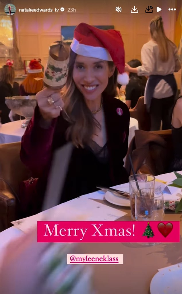 Meanwhile, Myleene looked typically glamorous as she sat around the table, wearing a velvet jacket with a lace camisole and a festive Santa hat.