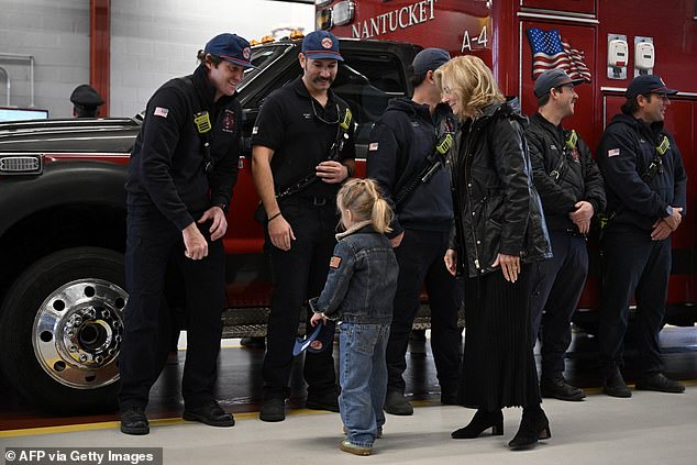 Jill Biden and Baby Beau talk to firefighters on Nantucket