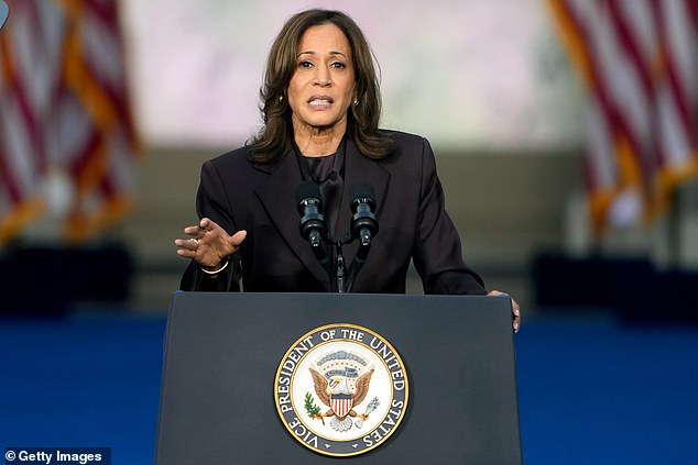 Democratic presidential candidate, US Vice President Kamala Harris speaks on stage as she concedes the election, at Howard University on November 6, 2024 in Washington, DC