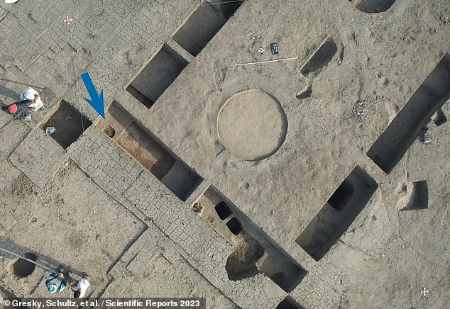 Above, an aerial view of the courtyard of the Hyksos Palace - where the eerie remains of the hands of twelve young victims were laid more than three millennia ago, likely as part of a ceremony to honor warriors.