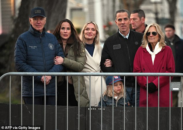 The Biden family watches the Christmas tree lighting on Nantucket to mark the end of the Thanksgiving holiday