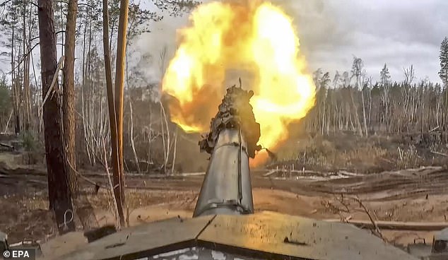 Russian T90M tank fires towards Ukrainian positions at a secret location in Russia