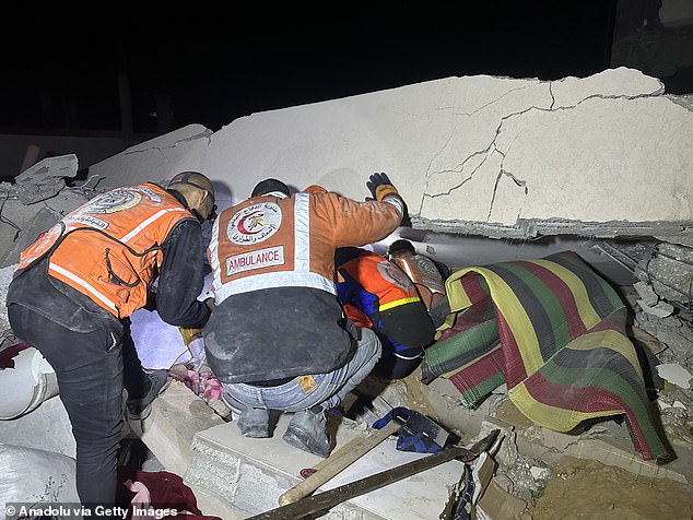 Civil defense teams and civilians try to rescue those trapped under the rubble after an Israeli army attack on Et-Tabiin School, where displaced persons took refuge in the Ed-Deraj neighborhood of Gaza City, Gaza on November 27, 2024