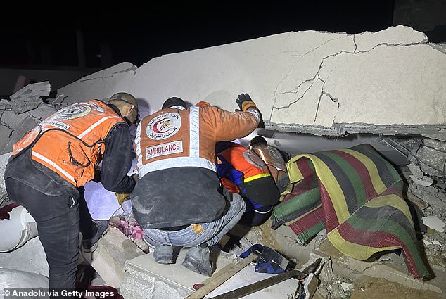 Civil defense teams and civilians try to rescue those trapped under the rubble after an Israeli army attack on Et-Tabiin School, where displaced persons took refuge in the Ed-Deraj neighborhood of Gaza City, Gaza on November 27, 2024