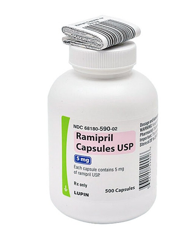 Above you see a bottle of ramipril in a strength of 5 mg and containing 500 capsules, sold by Lupine Pharmaceuticals. Versions of this drug are being recalled