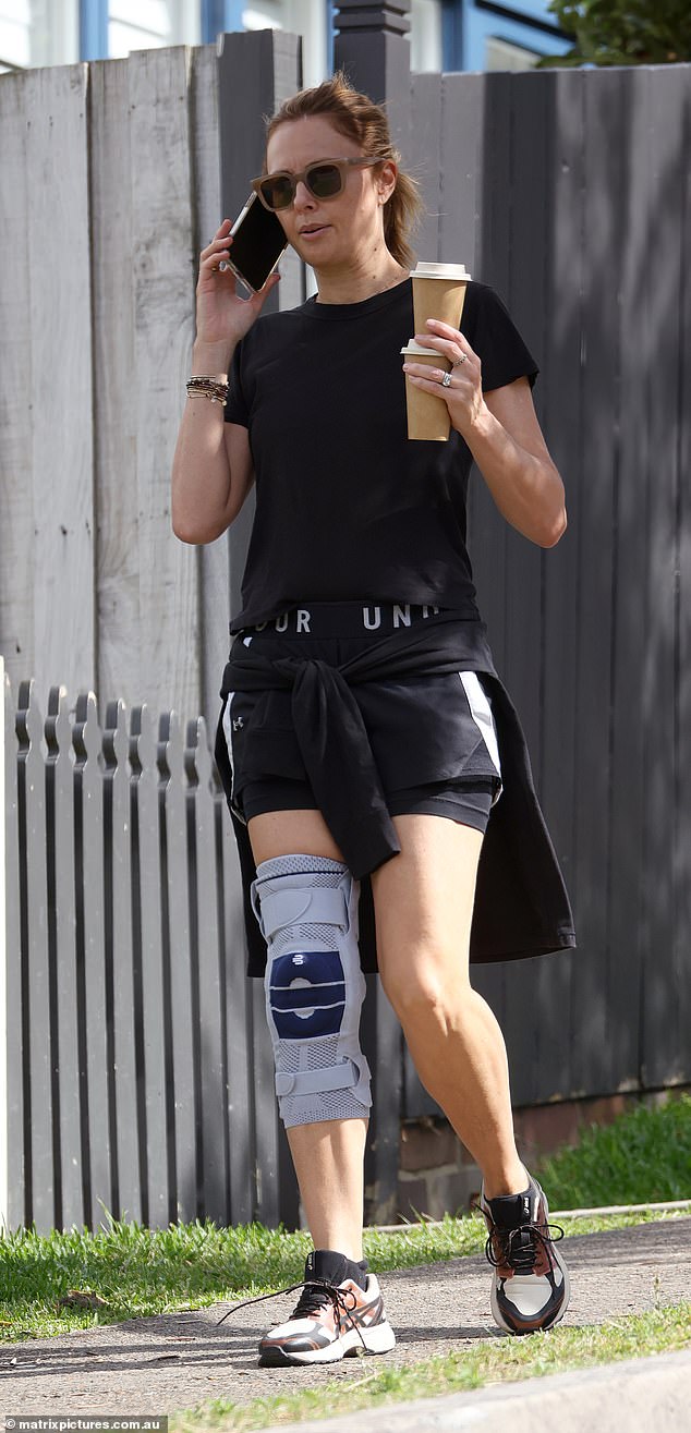 Allison Langdon, 45, (pictured) was spotted wearing a knee brace as she went for coffee in Sydney on Thursday, three years after a horrific TV accident sent her into emergency surgery