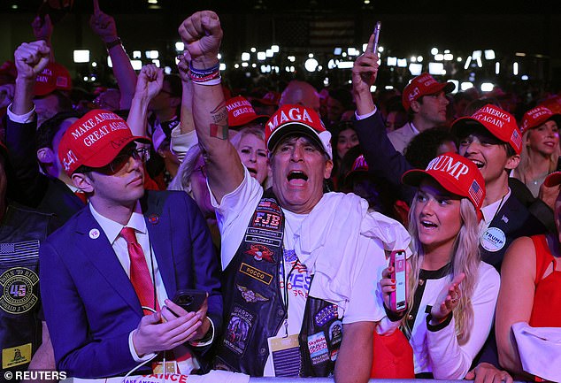 Supporters of Republican presidential candidate Donald Trump react at the site of Trump's election rally at the Palm Beach County Convention Center in West Palm Beach