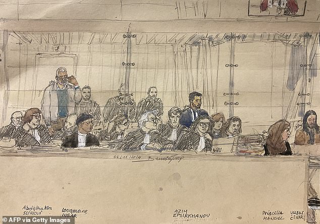 This court sketch, created and published on November 4, 2024, shows (L-R) defendants Abdelhakim Sefrioui, Louqmane Ingar, Azim Epsirkhanov, Priscilla Mangel and Yusuf Cinar as they sit during the trial of eight adults accused of contributing to the climate of hatred that led to an 18-year-old Islamist radical in the 2020 beheading of teacher Samuel Paty