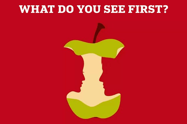 An optical illusion asks viewers what they see first: an apple or two faces staring at each other