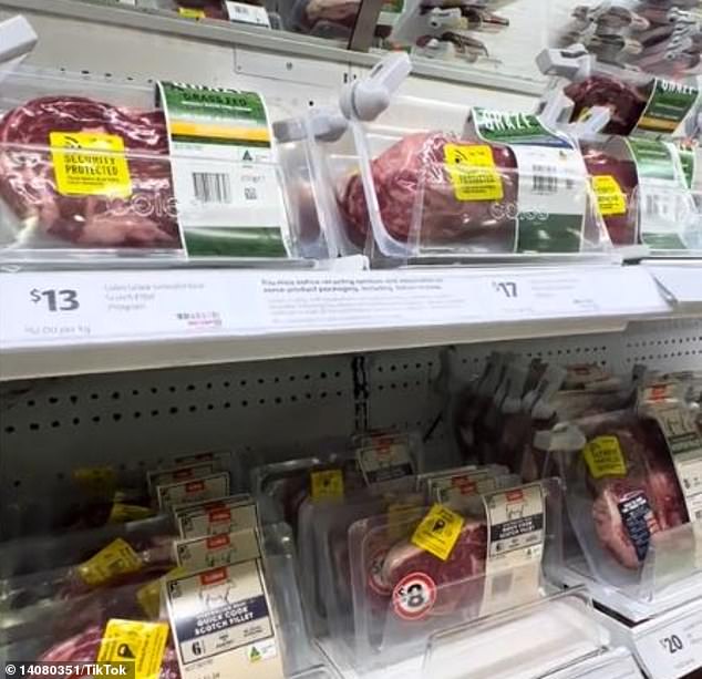 The clip, which has been viewed more than 150,000 times, shows dozens of meat trays standing in an open refrigerator, with the labels attached to the products (pictured)