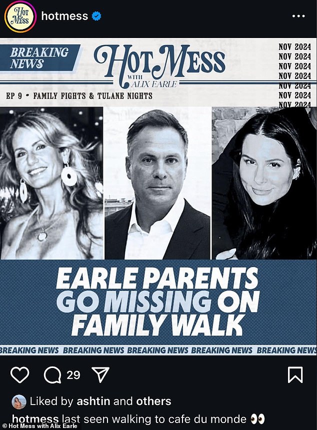 The post, which was posted on Monday, featured a dramatic individual photo of her three parents – mother Alisa and Thomas Earle, as well as stepmother Ashley Dupré Earle, printed in black and white