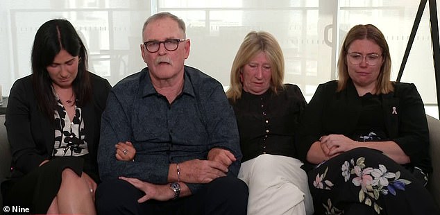 Mr. Tougher's father, Jeff, described his son as an incredibly compassionate man (pictured from left to right: Mr. Tougher's sister, father, mother and wife)