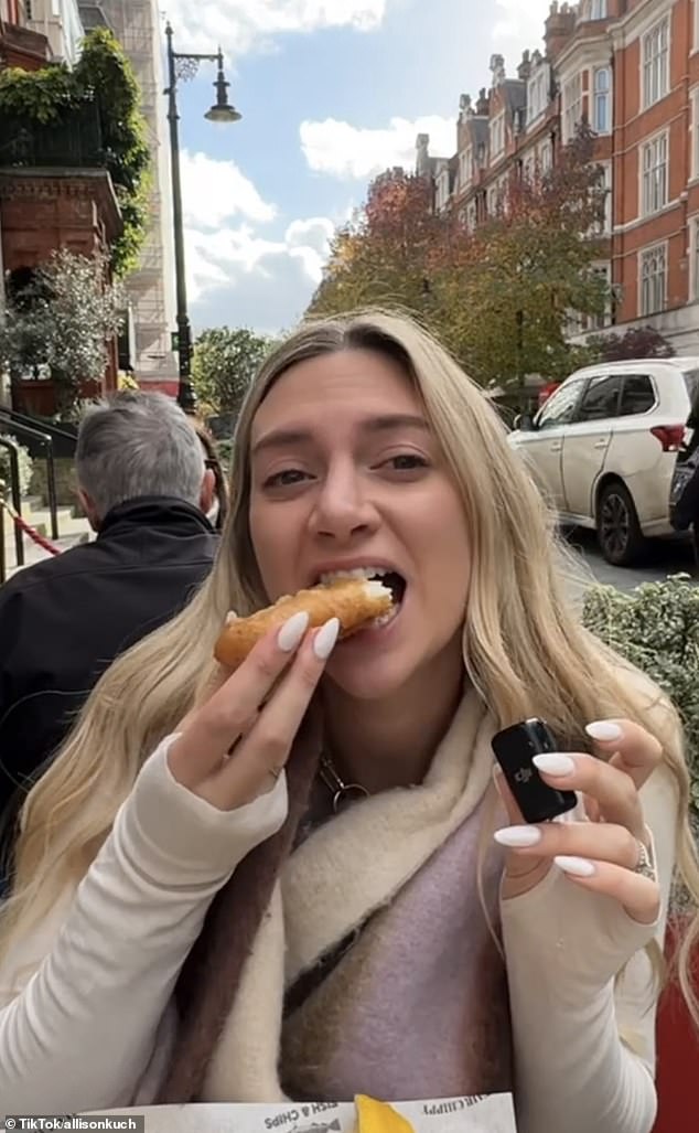 Allison Kuch from California sparked outrage after eating her fish and chips with her hands during a visit to London