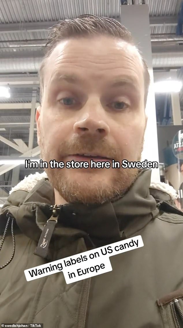 Johan is a TikToker and father of two, based in Sweden. In his first video, which has more than 88,000 likes and more than 2,800 comments, he said: 'we have very strict food regulations on what can and cannot be in food or edible products in Europe.'