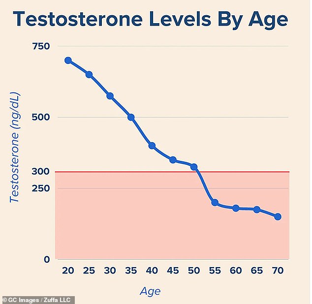 Testosterone levels peak around age 20, but decline by about 1 percent annually after age 30