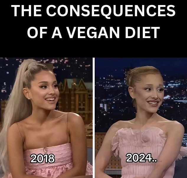 The above image, posted online, shows Ariana Grande at a show in 2018 and again at the same show, also in a pink dress, in 2024