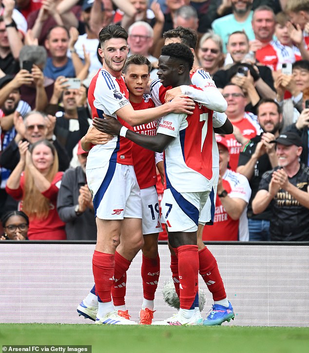 Declan Rice, Leandro Trossard and Bukayo Saka (from left to right) are all fit to play on Saturday