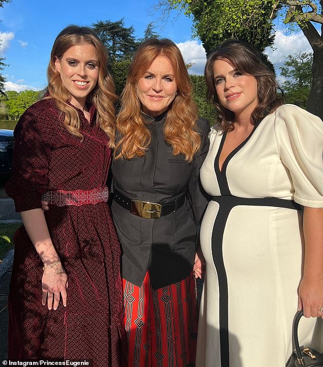 The 'tripod of women': Sarah Ferguson with her daughters Princess Beatrice and Princess Eugenie in May 2023, three weeks before Eugenie's second son Ernest was born