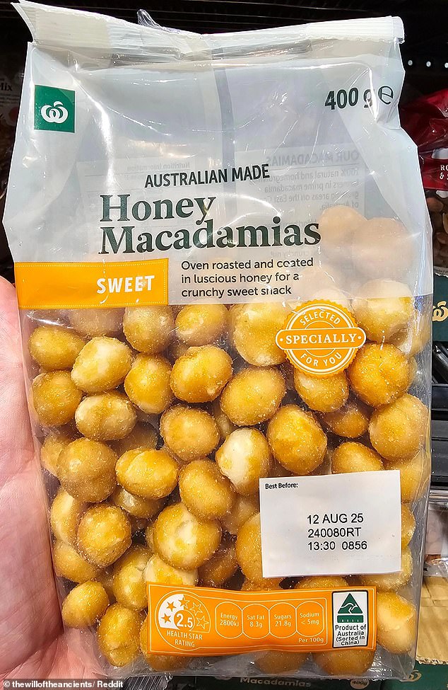 A packet of honey-covered macadamias (pictured) has exposed the reality of Australia's dependence on Chinese labor during a production cost crisis