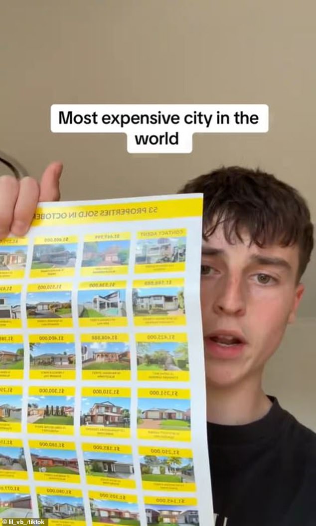 Matt, 19, received a newsletter of homes selling in October and was stunned by the staggering prices - all of which sold for more than $1 million in a suburb about an hour west of Sydney