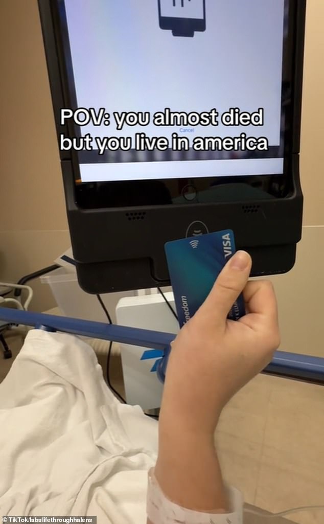 Bay shared a video of them taping their debit card to a portable credit card terminal on the side of their hospital bed