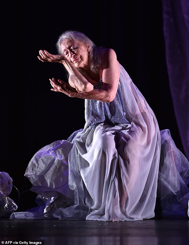 Australia's oldest dancer and choreographer, Eileen Kramer, performs during a full dress rehearsal of her work The Early Ones at a theater in Sydney's north in 2015. She died on Friday, just a week after celebrating her 110th birthday.