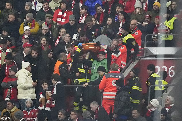 A Bayern Munich fan died on Wednesday on the way to hospital after a medical emergency