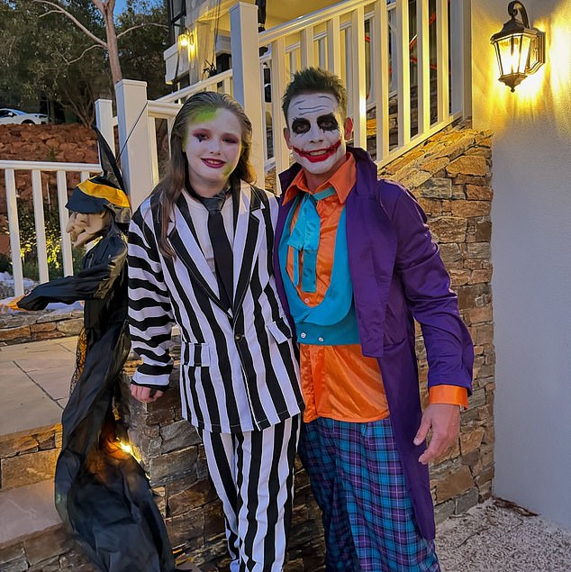 Ben wore the iconic Joker costume, while Angelique was dressed as Beetlejuice in the signature black and white striped suit, while Bobby appeared in one photo with gruesome zombie-like wound makeup on his face