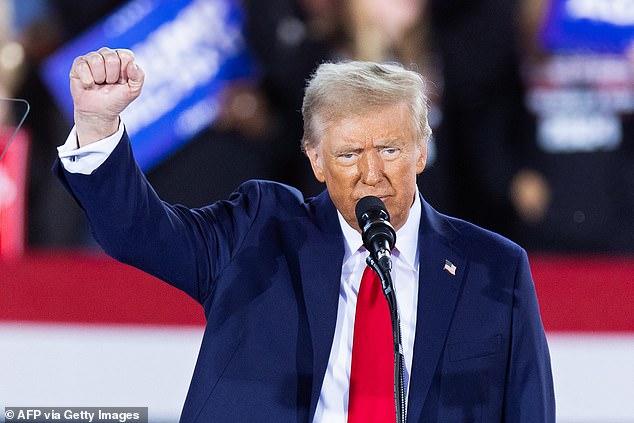 Donald Trump raises his fist as he speaks during a campaign rally at the JS Dorton Arena in Raleigh, North Carolina on November 4, 2024