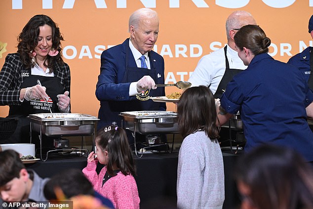 President Joe Biden, 82, joked about his age — and being “fired” — as he served Brussels sprouts at a Coast Guard “Friendsgiving” on Staten Island on Monday evening