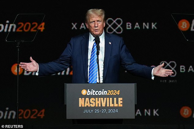 Donald Trump makes a gesture during the Bitcoin 2024 event in Nashville on July 27